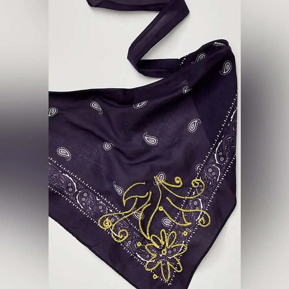 Free People Navy Blue Bandana Scarf with Yellow Embroidery NWOT